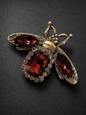 Gold Bee Brooch with Garnet Red Crystals